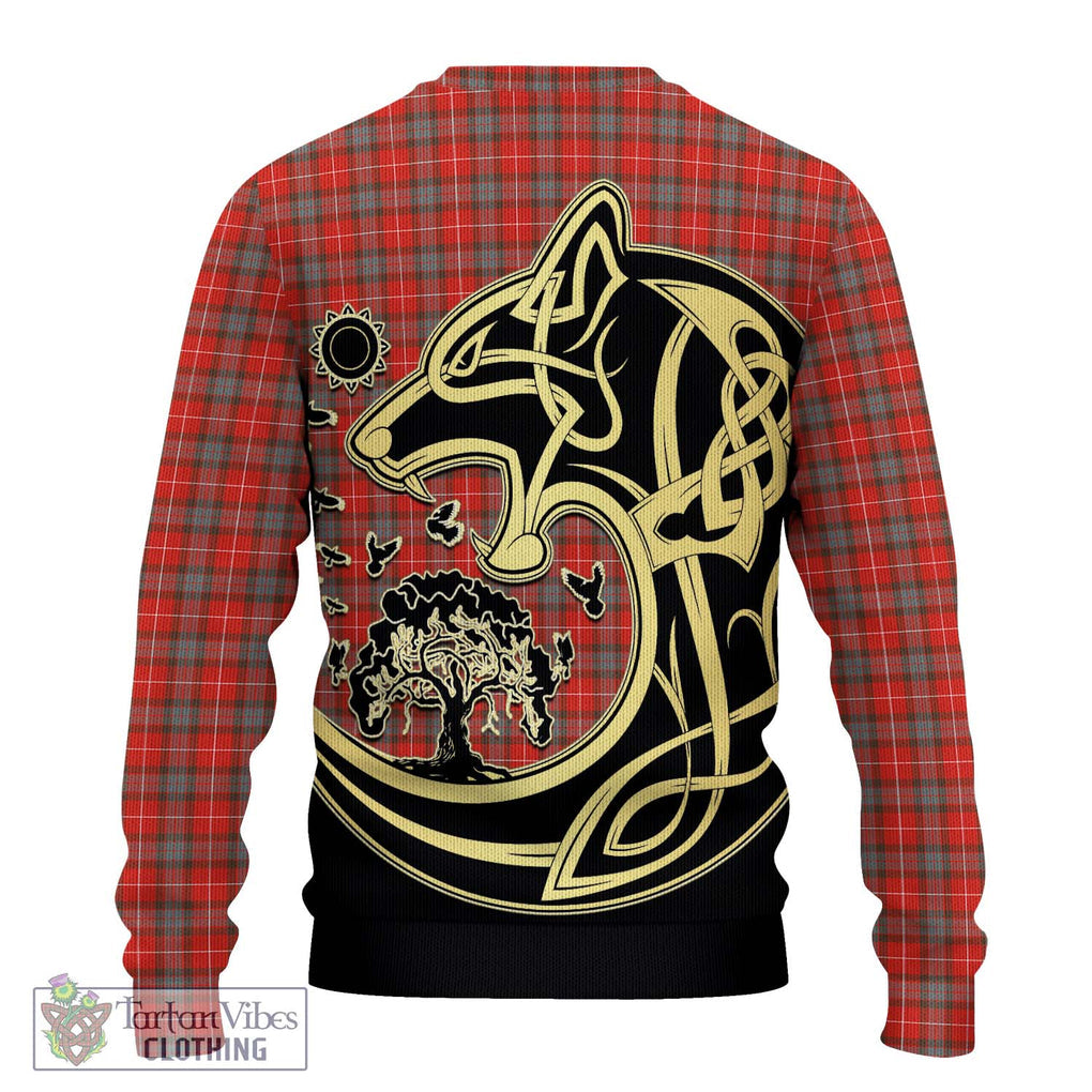 Fraser Weathered Tartan Knitted Sweater with Family Crest Celtic Wolf Style - Tartan Vibes Clothing