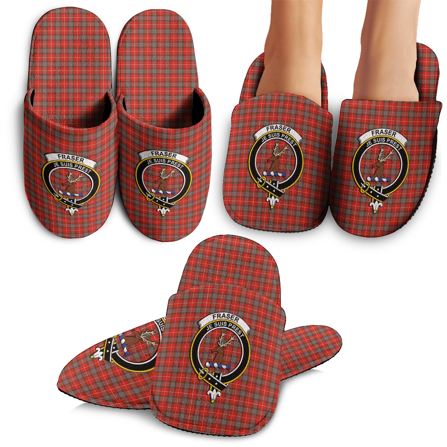 Fraser Weathered Tartan Home Slippers with Family Crest - Tartanvibesclothing