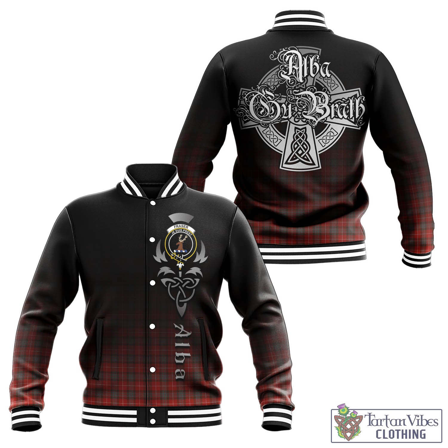 Tartan Vibes Clothing Fraser Weathered Tartan Baseball Jacket Featuring Alba Gu Brath Family Crest Celtic Inspired