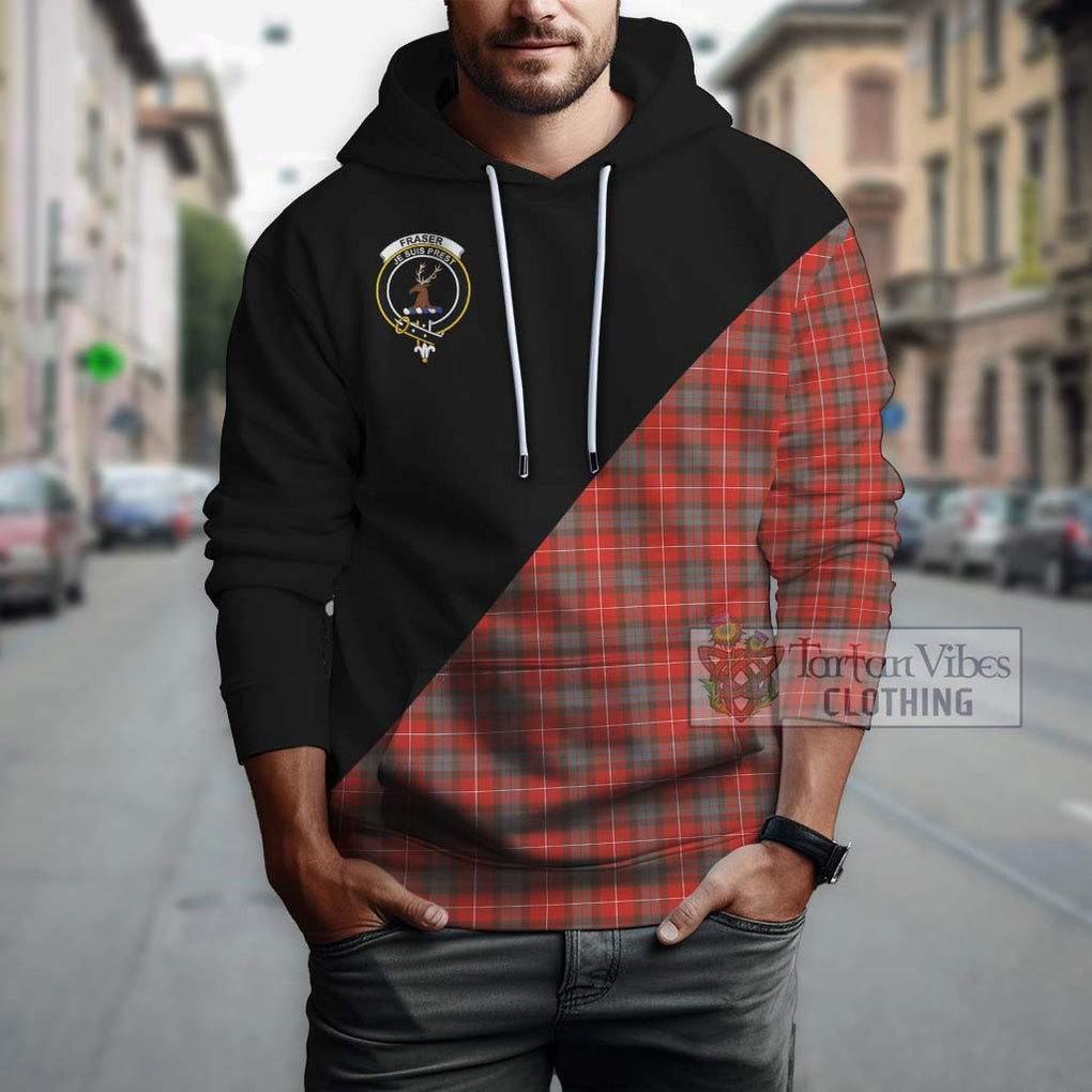 Fraser Weathered Tartan Hoodie with Family Crest and Military Logo Style - Tartanvibesclothing Shop