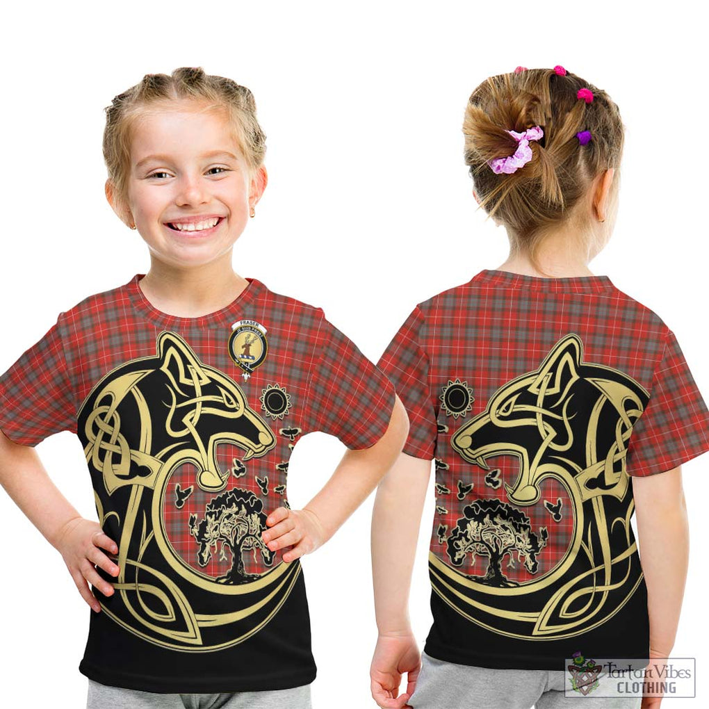 Fraser Weathered Tartan Kid T-Shirt with Family Crest Celtic Wolf Style - Tartan Vibes Clothing