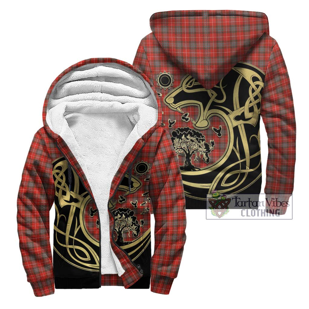 Fraser Weathered Tartan Sherpa Hoodie with Family Crest Celtic Wolf Style Unisex - Tartan Vibes Clothing