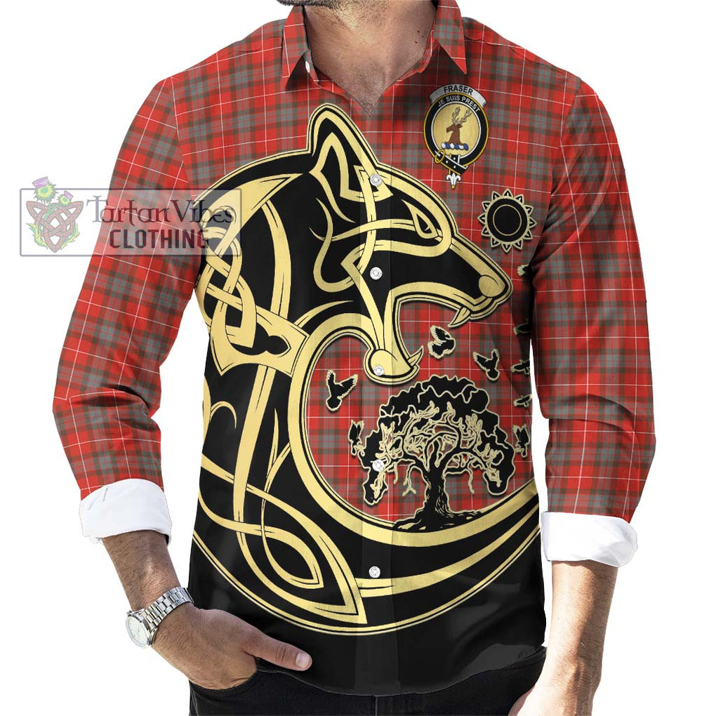 Fraser Weathered Tartan Long Sleeve Button Shirt with Family Crest Celtic Wolf Style - Tartan Vibes Clothing