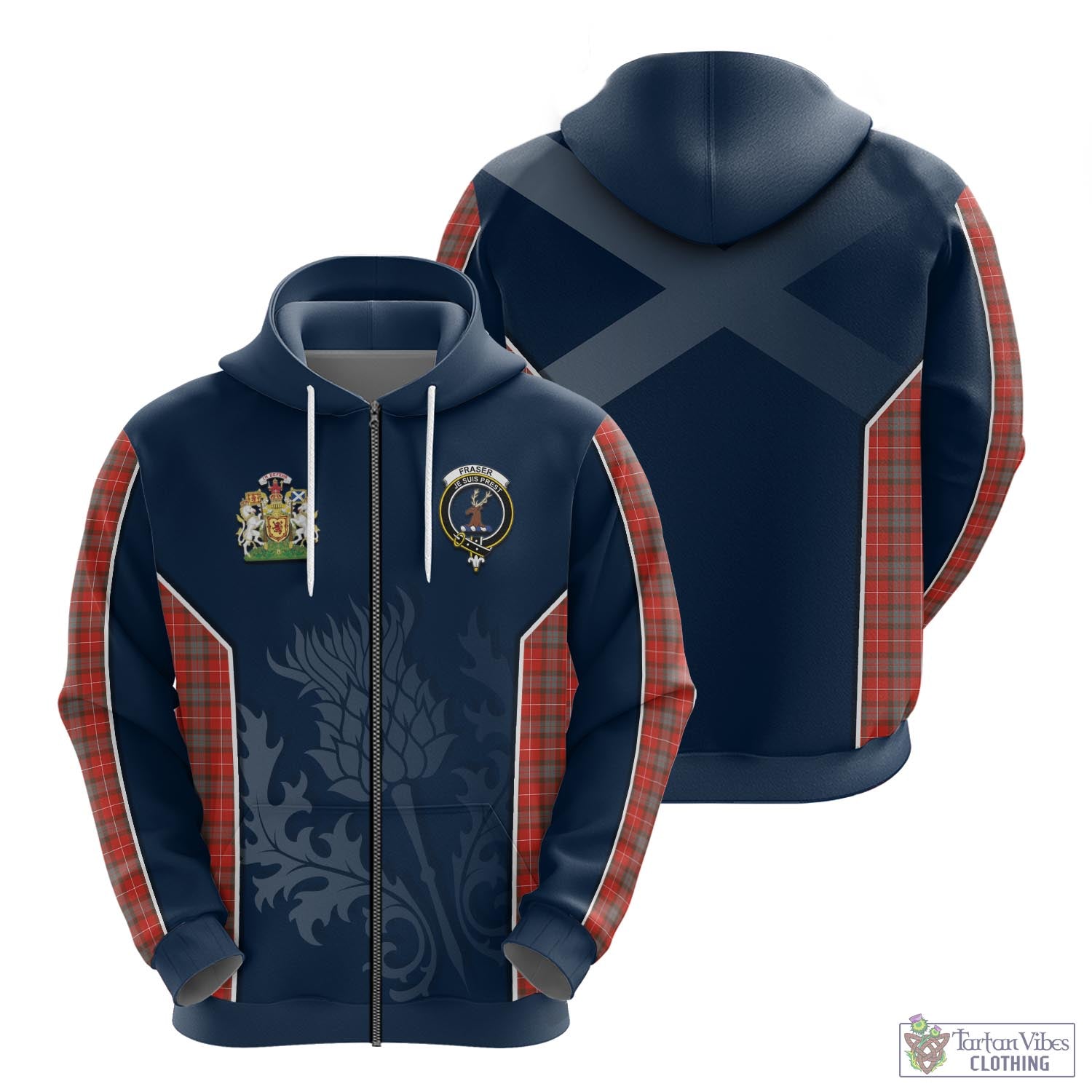 Tartan Vibes Clothing Fraser Weathered Tartan Hoodie with Family Crest and Scottish Thistle Vibes Sport Style