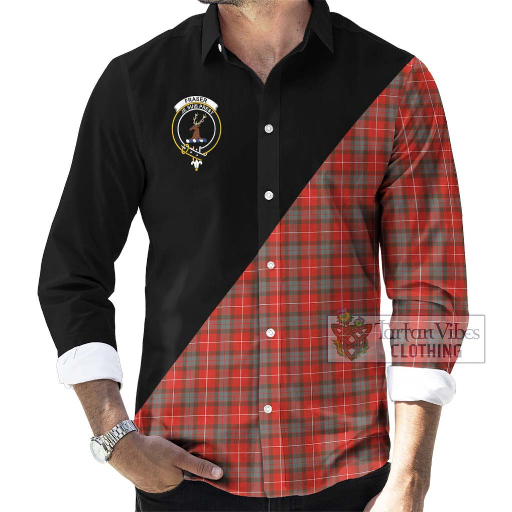 Fraser Weathered Tartan Long Sleeve Button Shirt with Family Crest and Military Logo Style - Tartanvibesclothing Shop