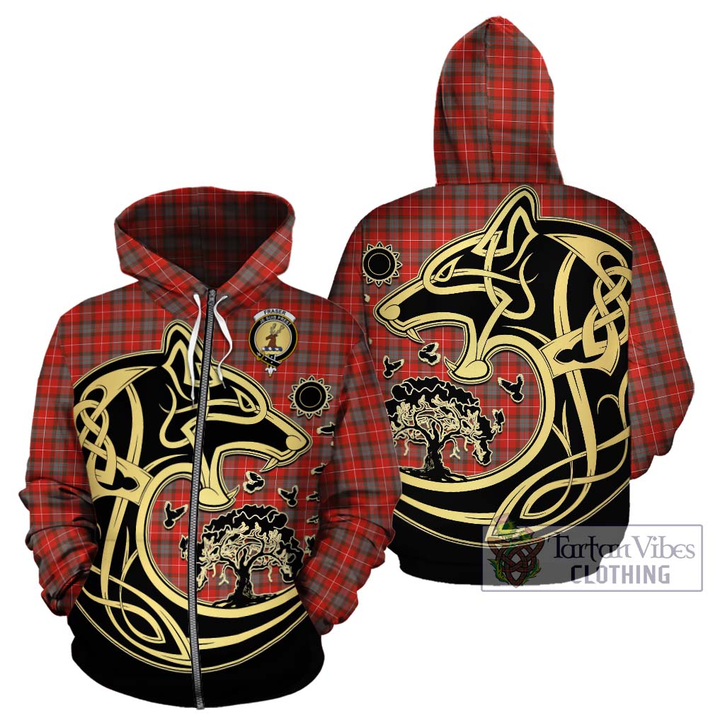 Tartan Vibes Clothing Fraser Weathered Tartan Hoodie with Family Crest Celtic Wolf Style