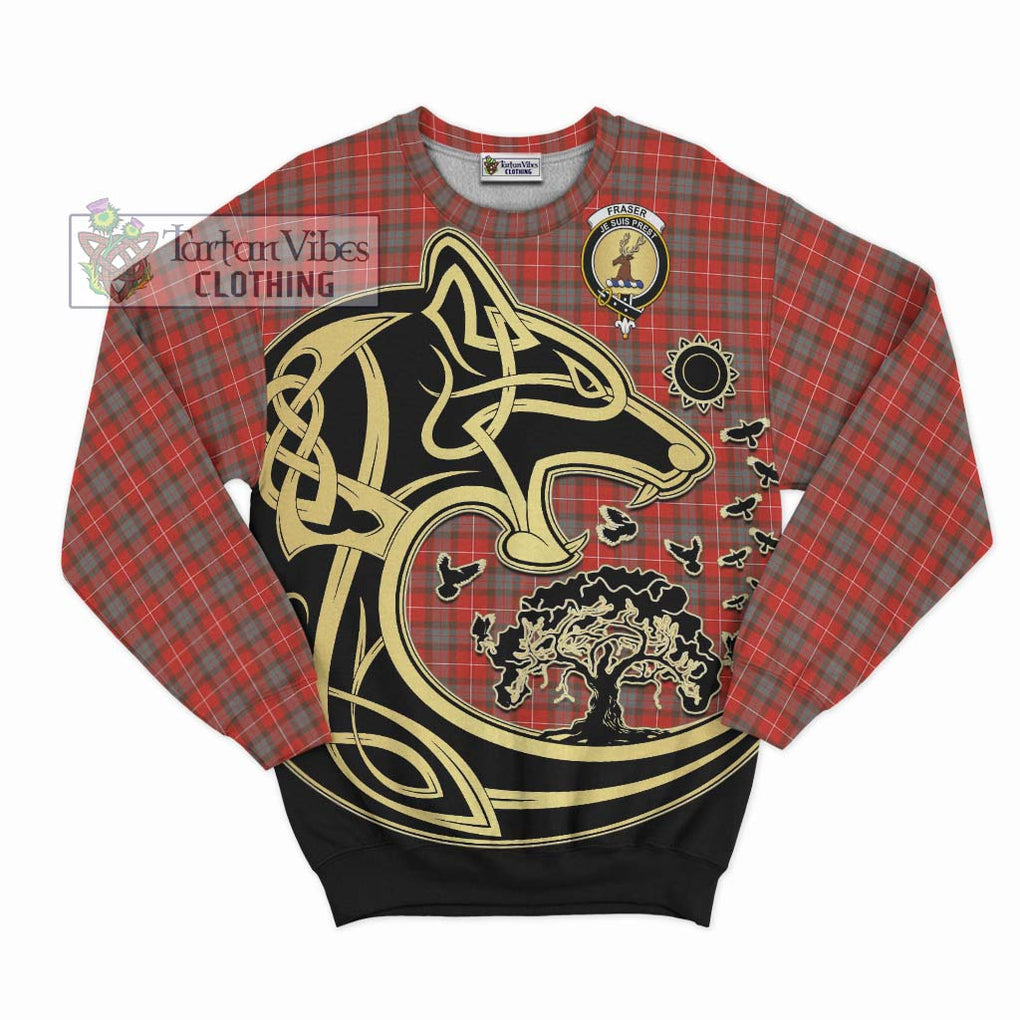 Fraser Weathered Tartan Sweatshirt with Family Crest Celtic Wolf Style - Tartan Vibes Clothing