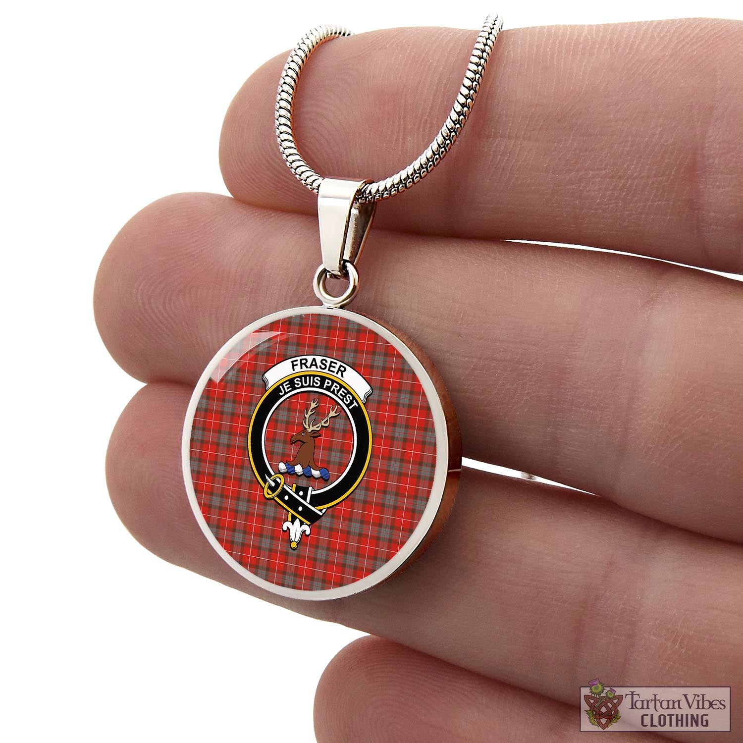 Tartan Vibes Clothing Fraser Weathered Tartan Circle Necklace with Family Crest