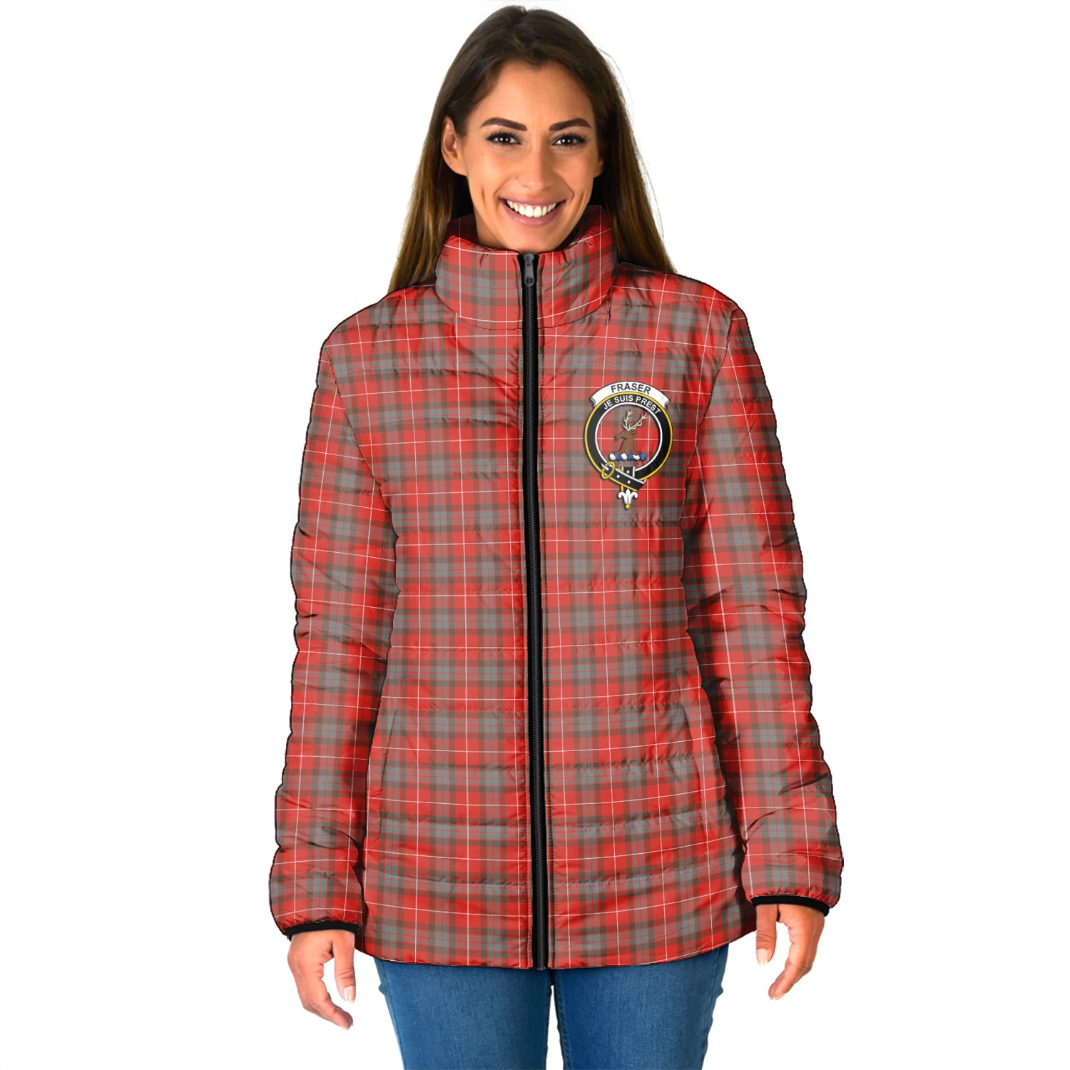 Fraser Weathered Tartan Padded Jacket with Family Crest - Tartan Vibes Clothing