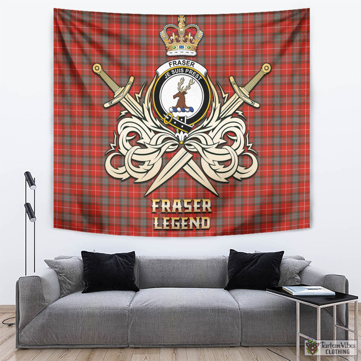 Tartan Vibes Clothing Fraser Weathered Tartan Tapestry with Clan Crest and the Golden Sword of Courageous Legacy