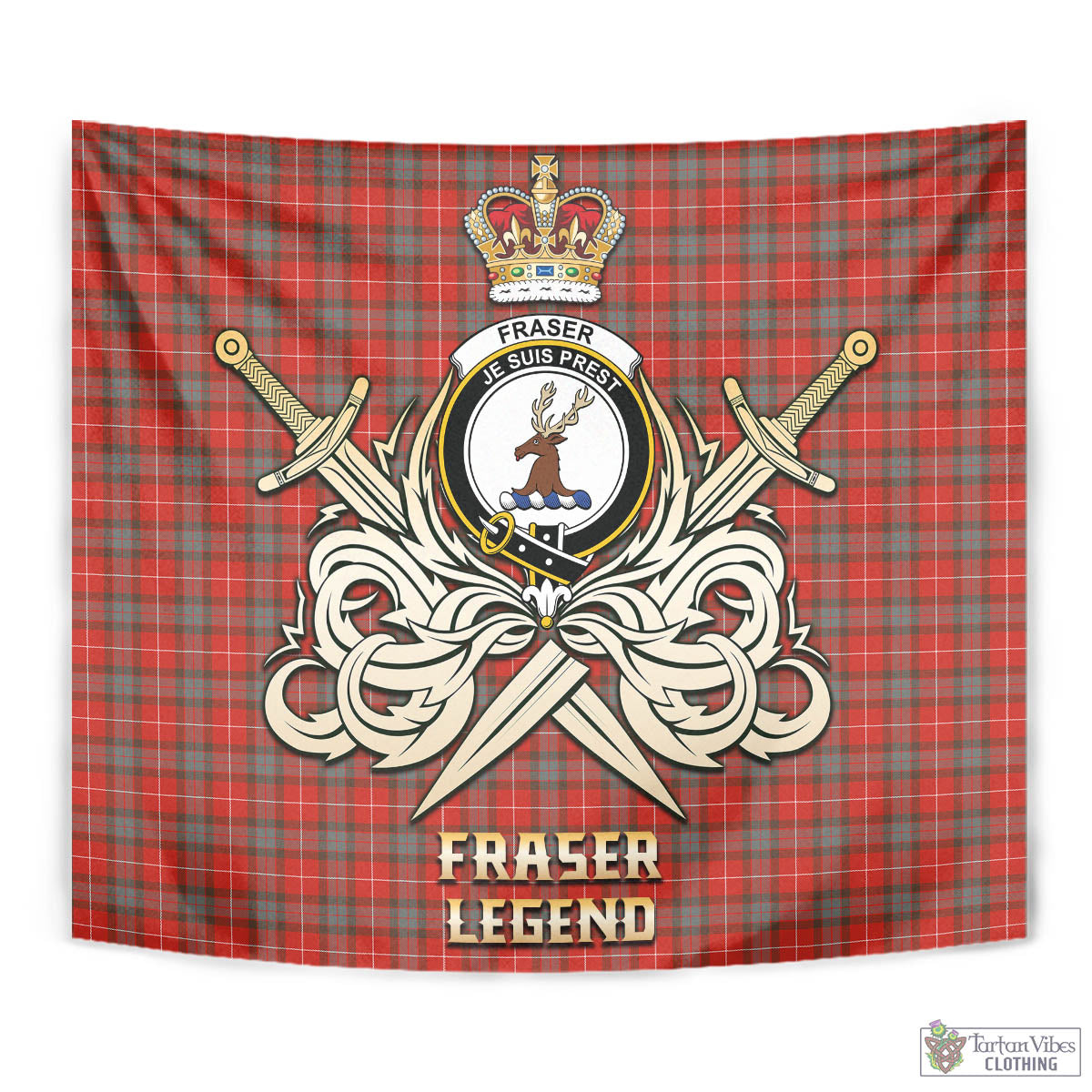 Tartan Vibes Clothing Fraser Weathered Tartan Tapestry with Clan Crest and the Golden Sword of Courageous Legacy