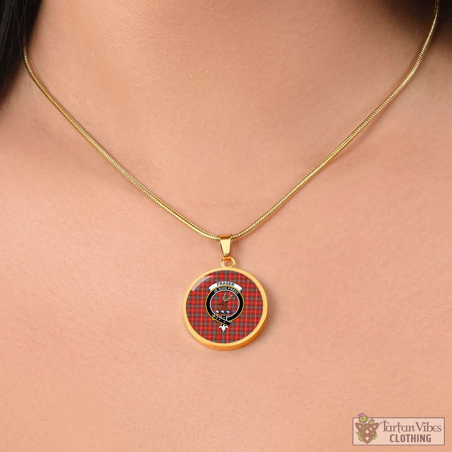 Tartan Vibes Clothing Fraser Weathered Tartan Circle Necklace with Family Crest