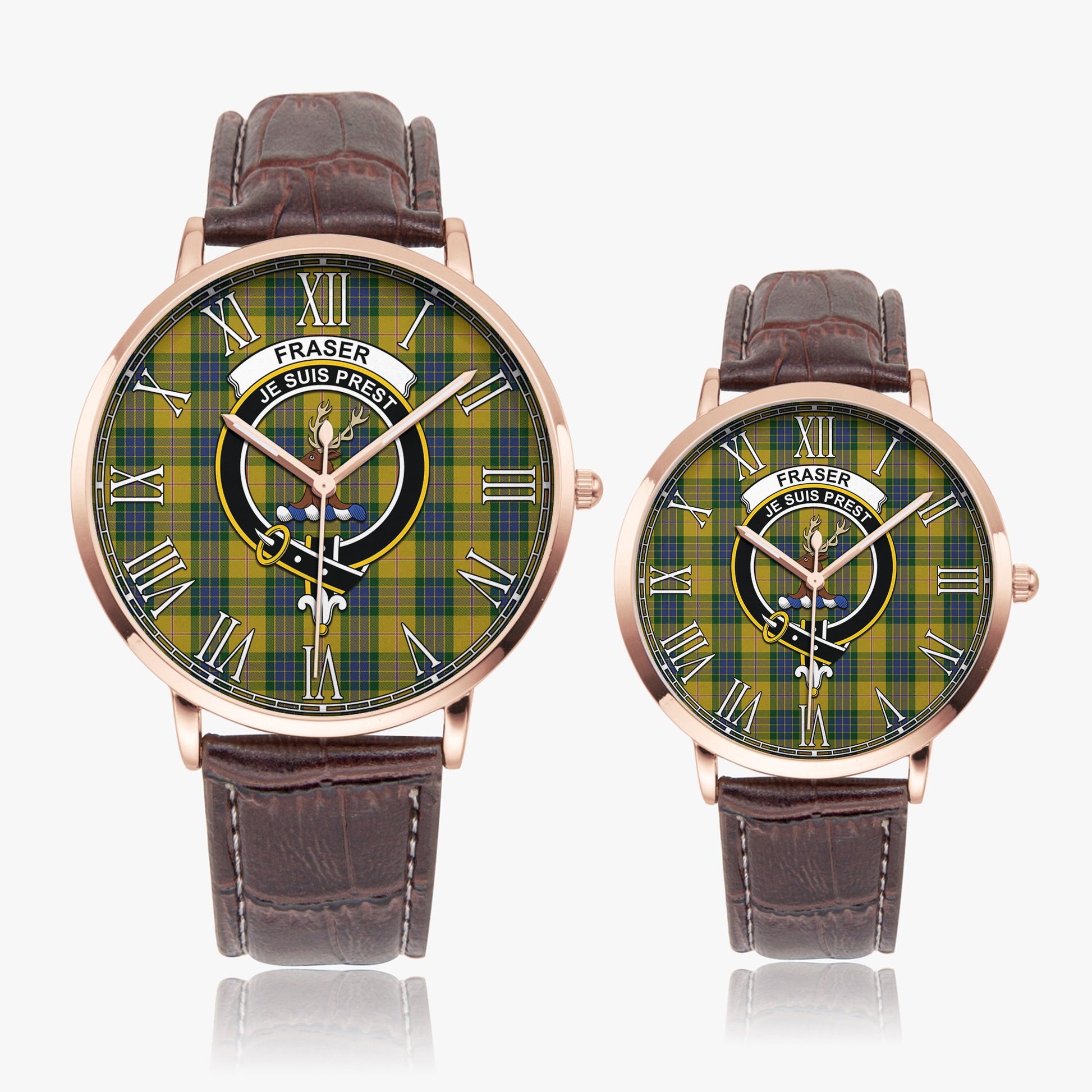 Fraser Yellow Tartan Family Crest Leather Strap Quartz Watch - Tartanvibesclothing