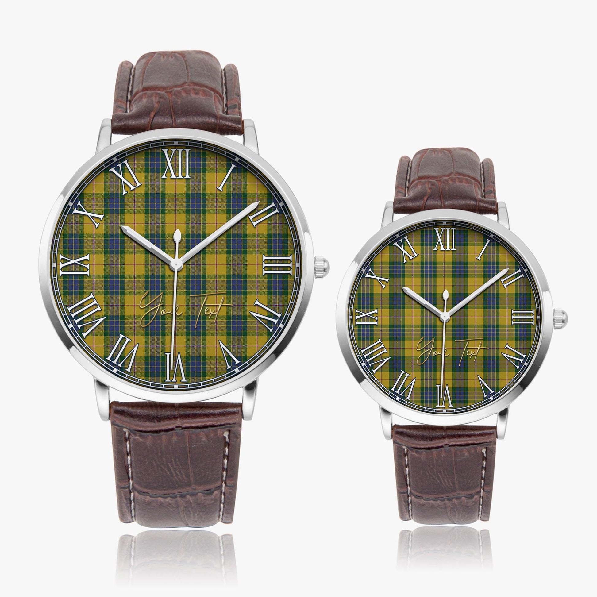 Fraser Yellow Tartan Personalized Your Text Leather Trap Quartz Watch Ultra Thin Silver Case With Brown Leather Strap - Tartanvibesclothing