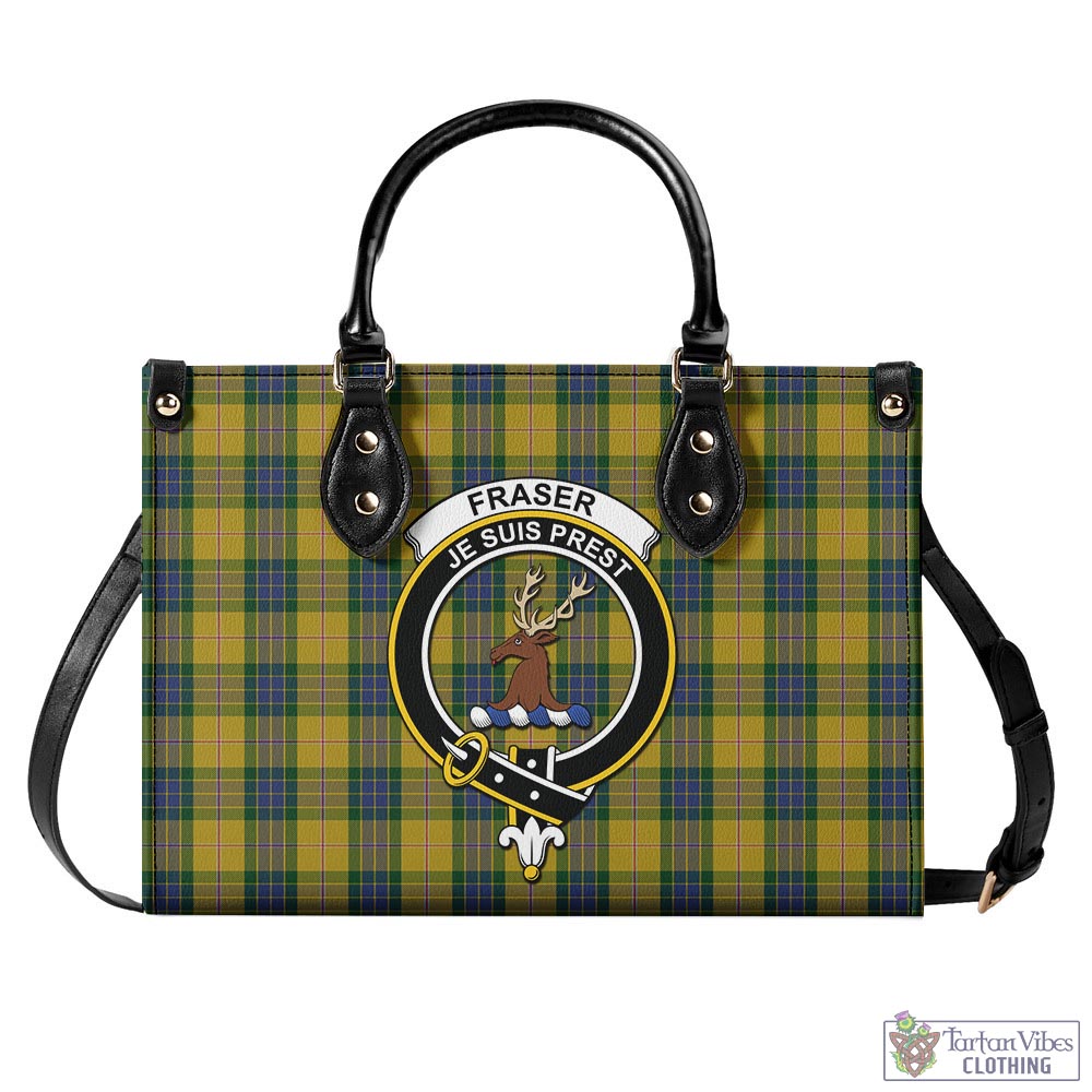 Tartan Vibes Clothing Fraser Yellow Tartan Luxury Leather Handbags with Family Crest