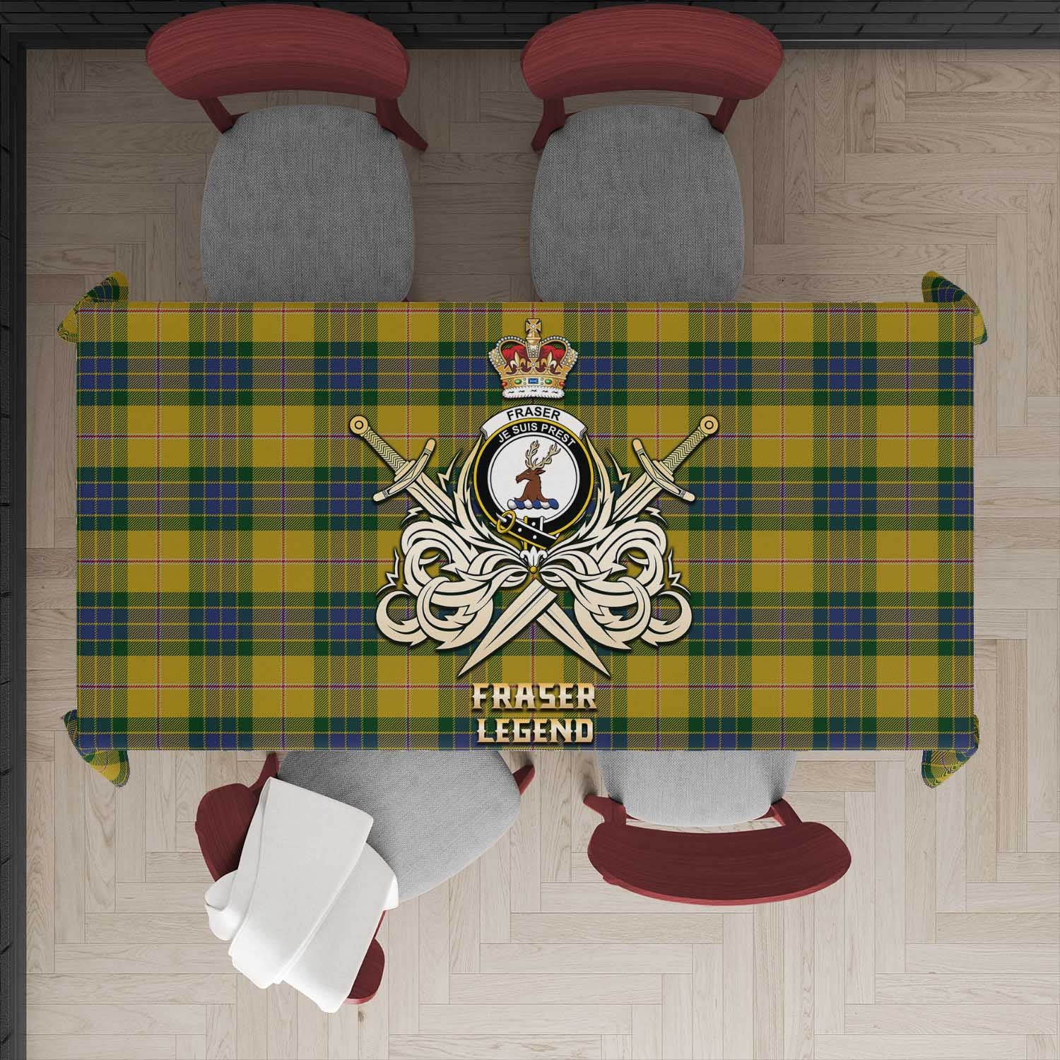 Tartan Vibes Clothing Fraser Yellow Tartan Tablecloth with Clan Crest and the Golden Sword of Courageous Legacy