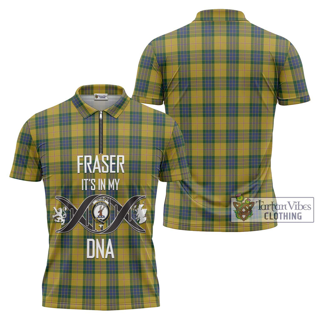 Fraser Yellow Tartan Zipper Polo Shirt with Family Crest DNA In Me Style Unisex - Tartanvibesclothing Shop