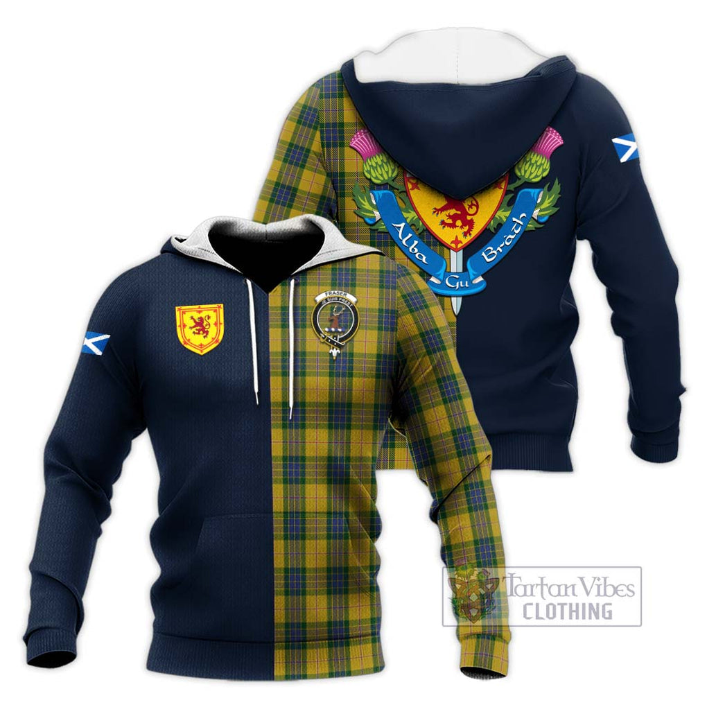 Tartan Vibes Clothing Fraser Yellow Tartan Knitted Hoodie with Scottish Lion Royal Arm Half Style