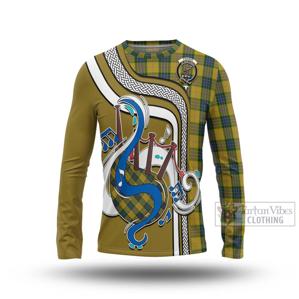 Tartan Vibes Clothing Fraser Yellow Tartan Long Sleeve T-Shirt with Epic Bagpipe Style