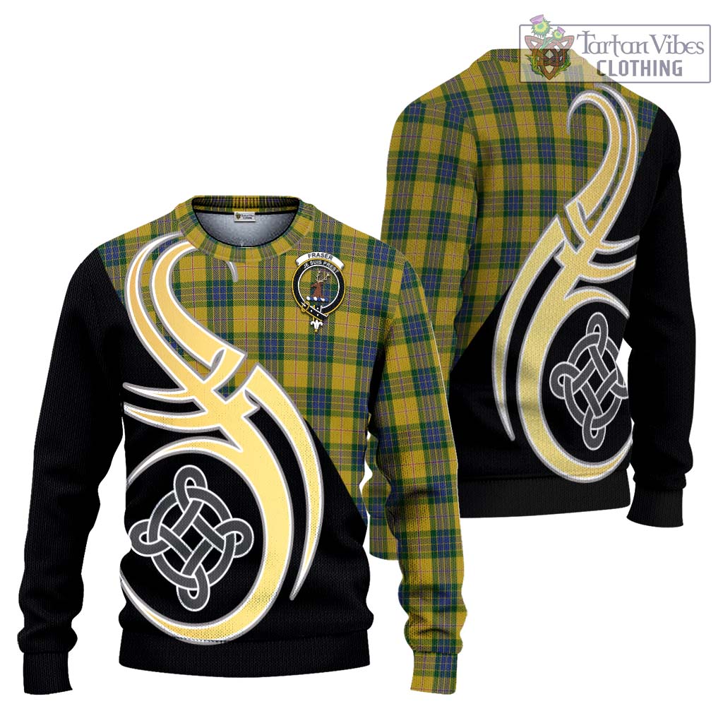 Fraser Yellow Tartan Knitted Sweater with Family Crest and Celtic Symbol Style Unisex - Tartan Vibes Clothing