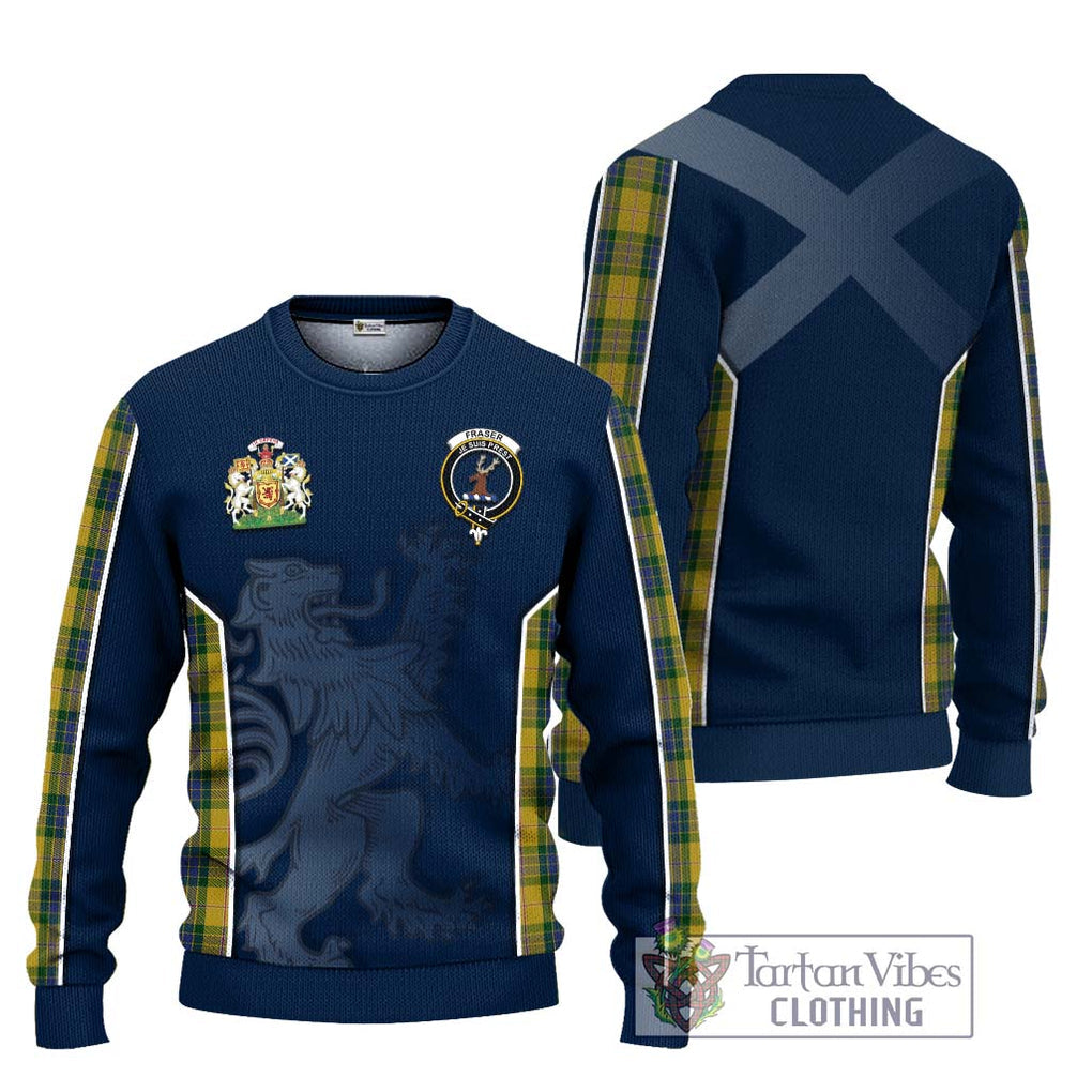 Fraser Yellow Tartan Knitted Sweater with Family Crest and Lion Rampant Vibes Sport Style Unisex - Tartan Vibes Clothing