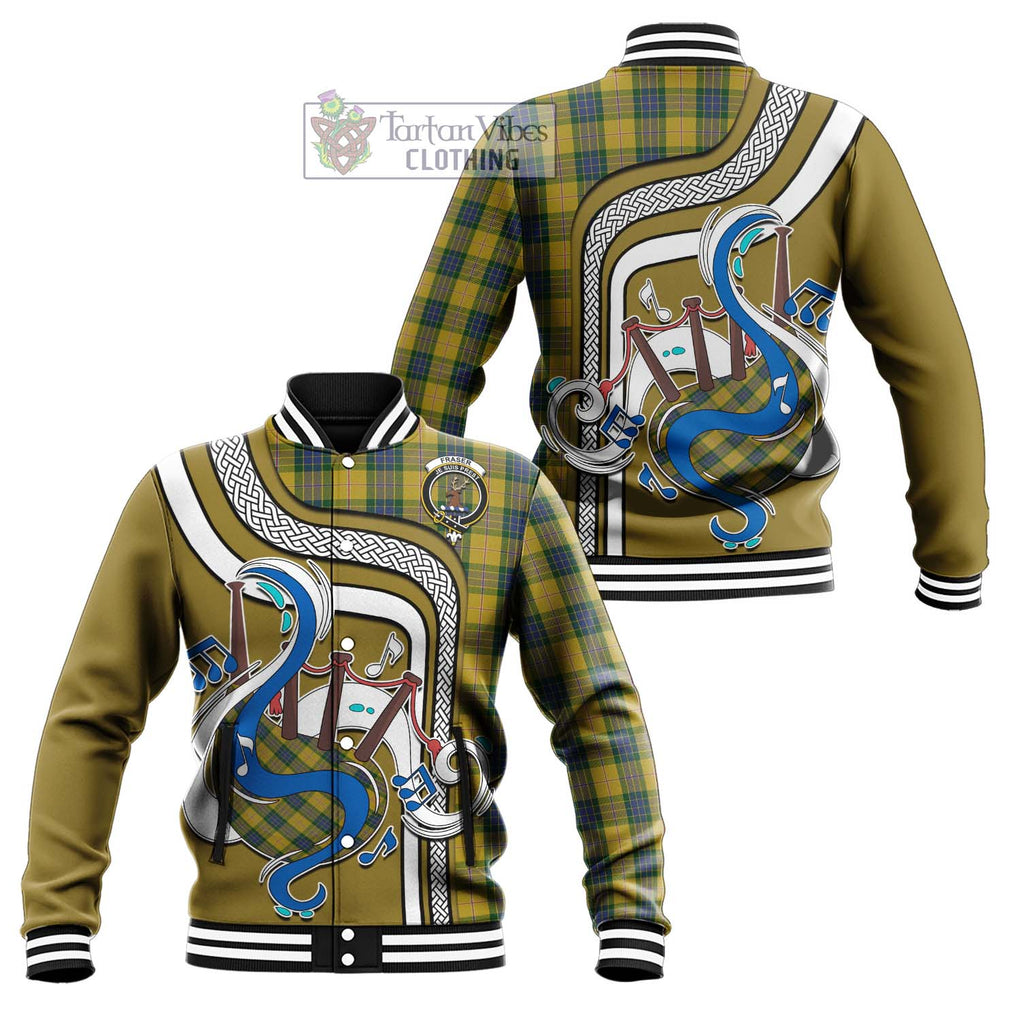 Tartan Vibes Clothing Fraser Yellow Tartan Baseball Jacket with Epic Bagpipe Style