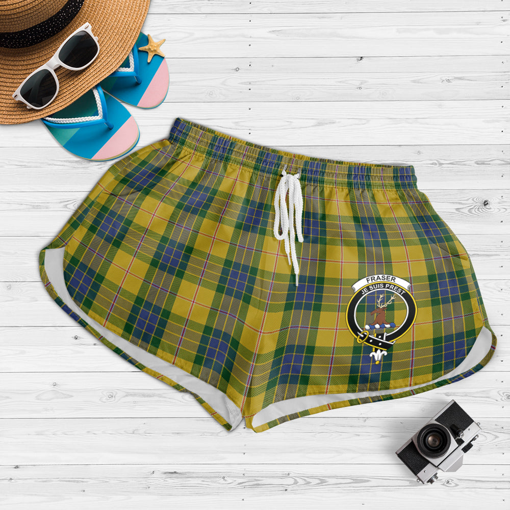 fraser-yellow-tartan-womens-shorts-with-family-crest