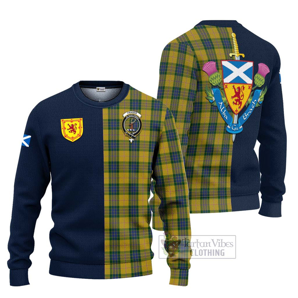 Tartan Vibes Clothing Fraser Yellow Tartan Knitted Sweater with Scottish Lion Royal Arm Half Style