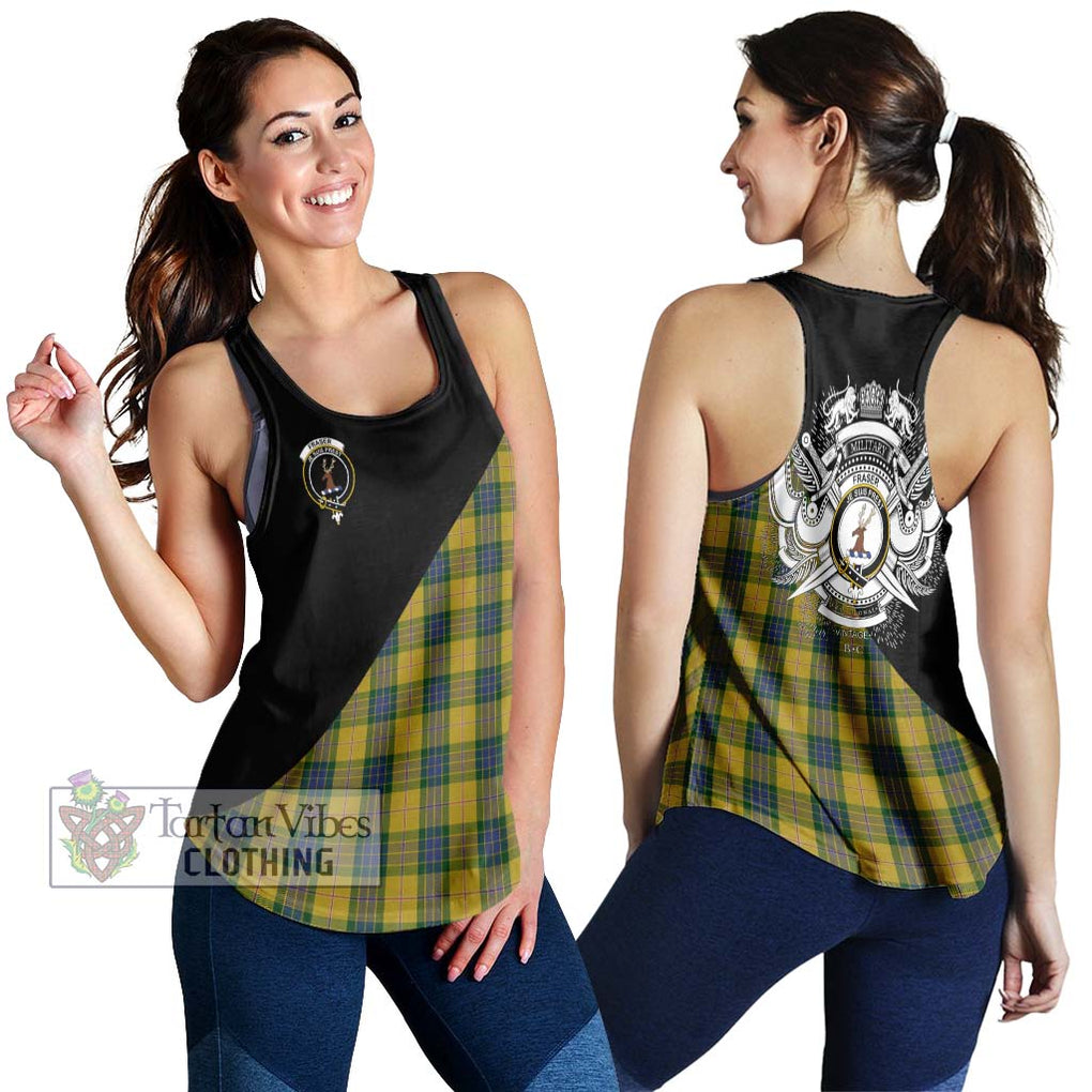 Fraser Yellow Tartan Women's Racerback Tanks with Family Crest and Military Logo Style 4XL - Tartanvibesclothing Shop