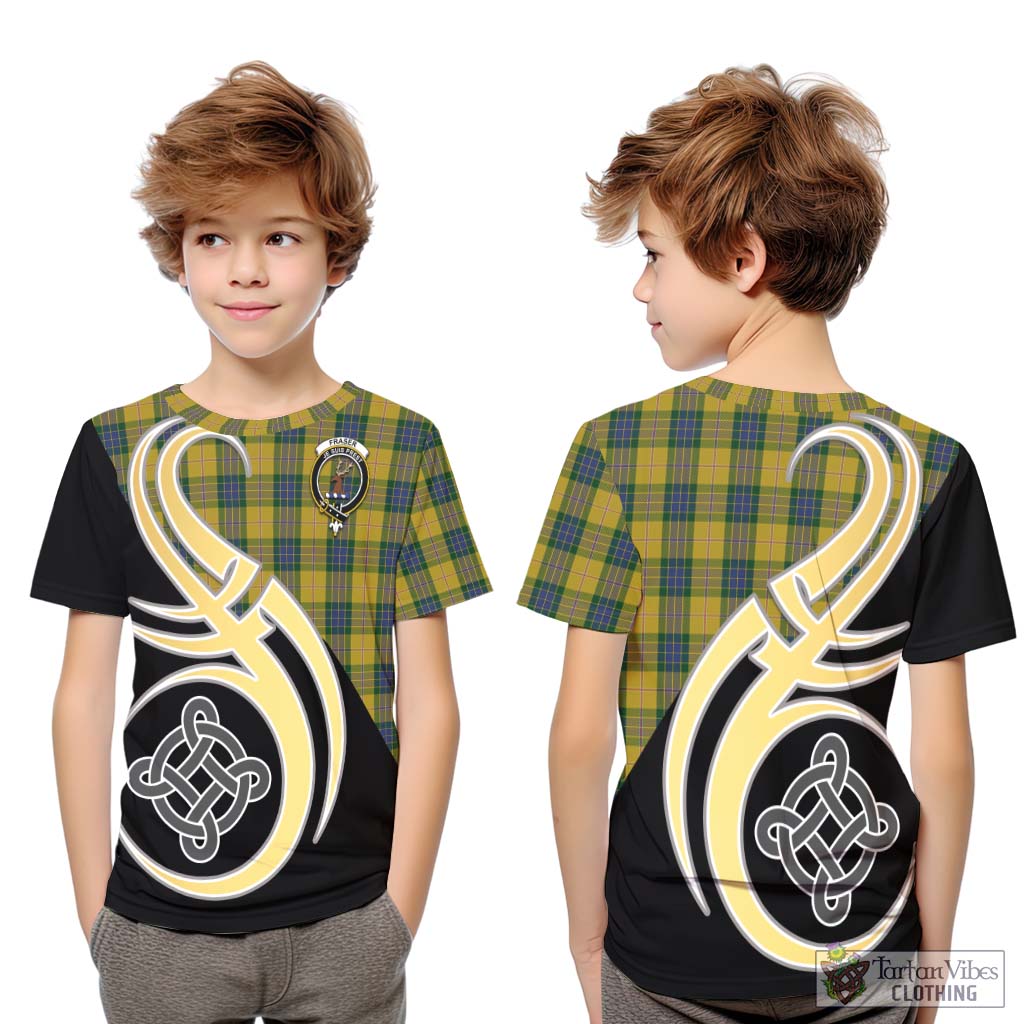 Fraser Yellow Tartan Kid T-Shirt with Family Crest and Celtic Symbol Style Youth XL Size14 - Tartan Vibes Clothing