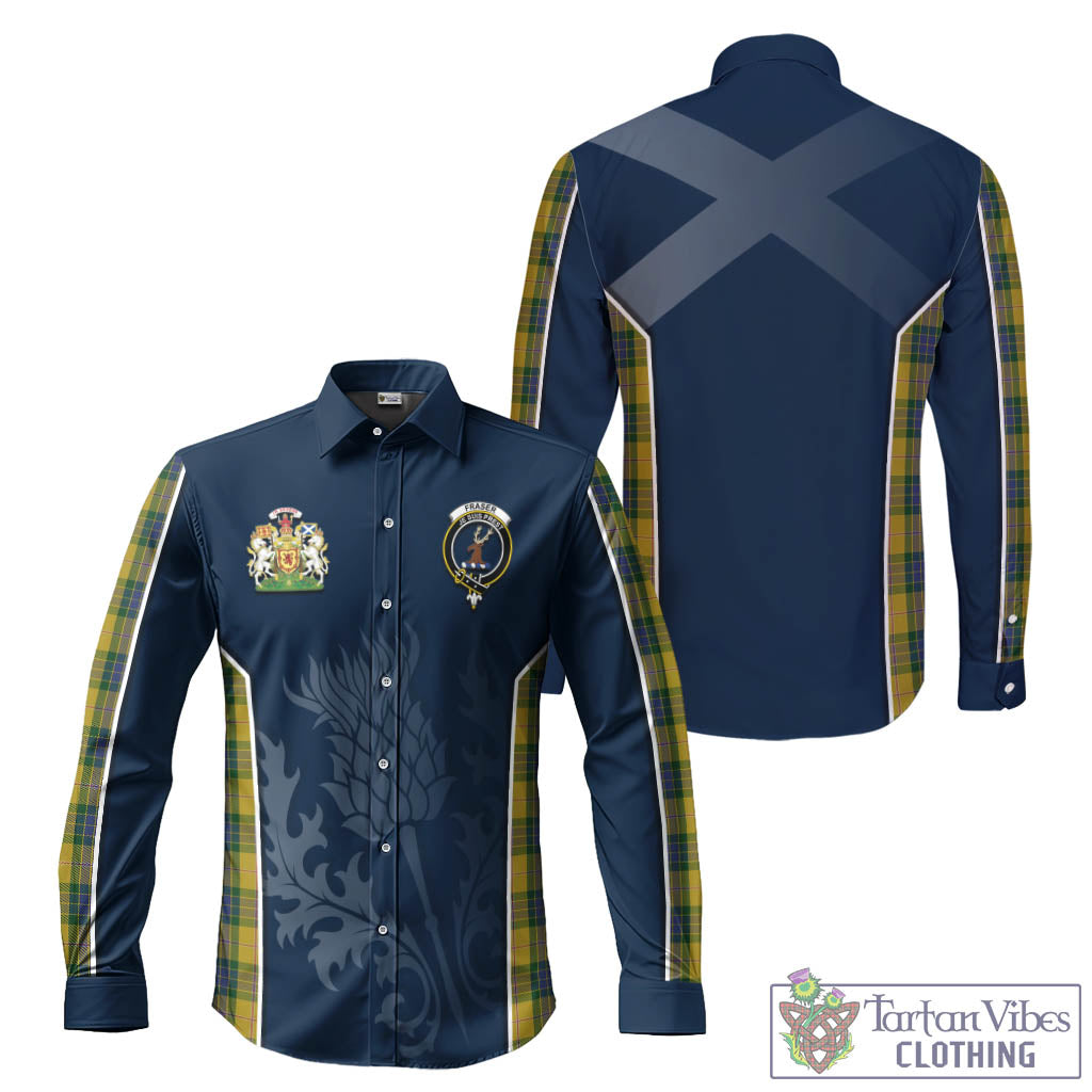 Tartan Vibes Clothing Fraser Yellow Tartan Long Sleeve Button Up Shirt with Family Crest and Scottish Thistle Vibes Sport Style