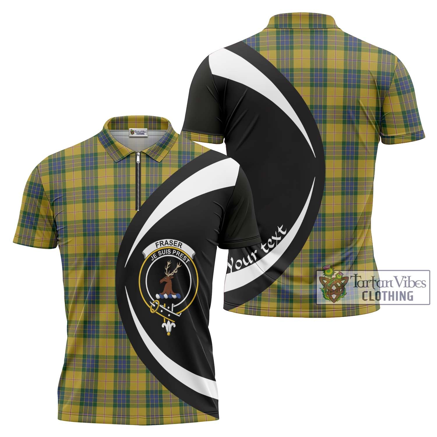 Tartan Vibes Clothing Fraser Yellow Tartan Zipper Polo Shirt with Family Crest Circle Style