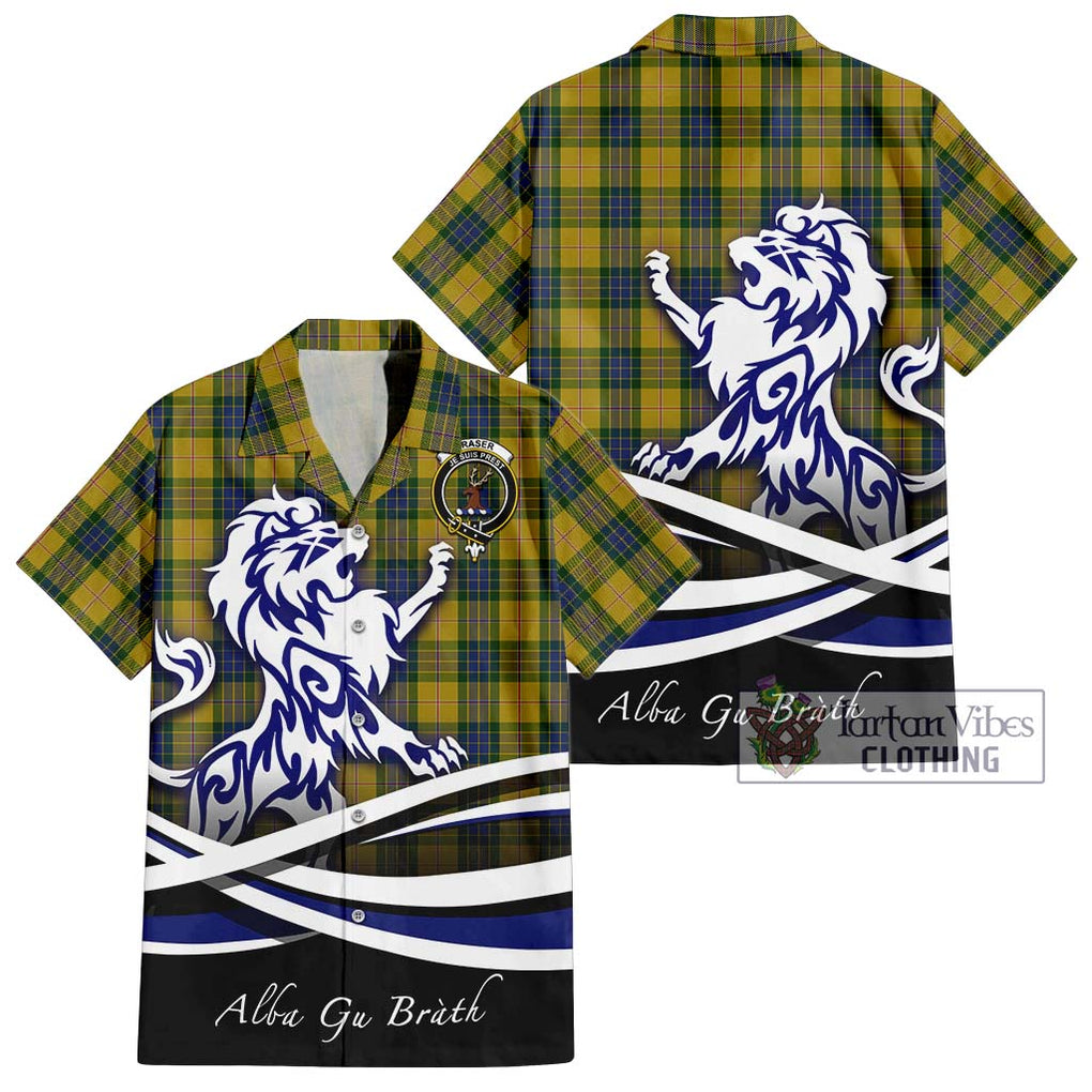 Fraser Yellow Tartan Short Sleeve Button Shirt with Alba Gu Brath Regal Lion Emblem Kid - Tartanvibesclothing Shop