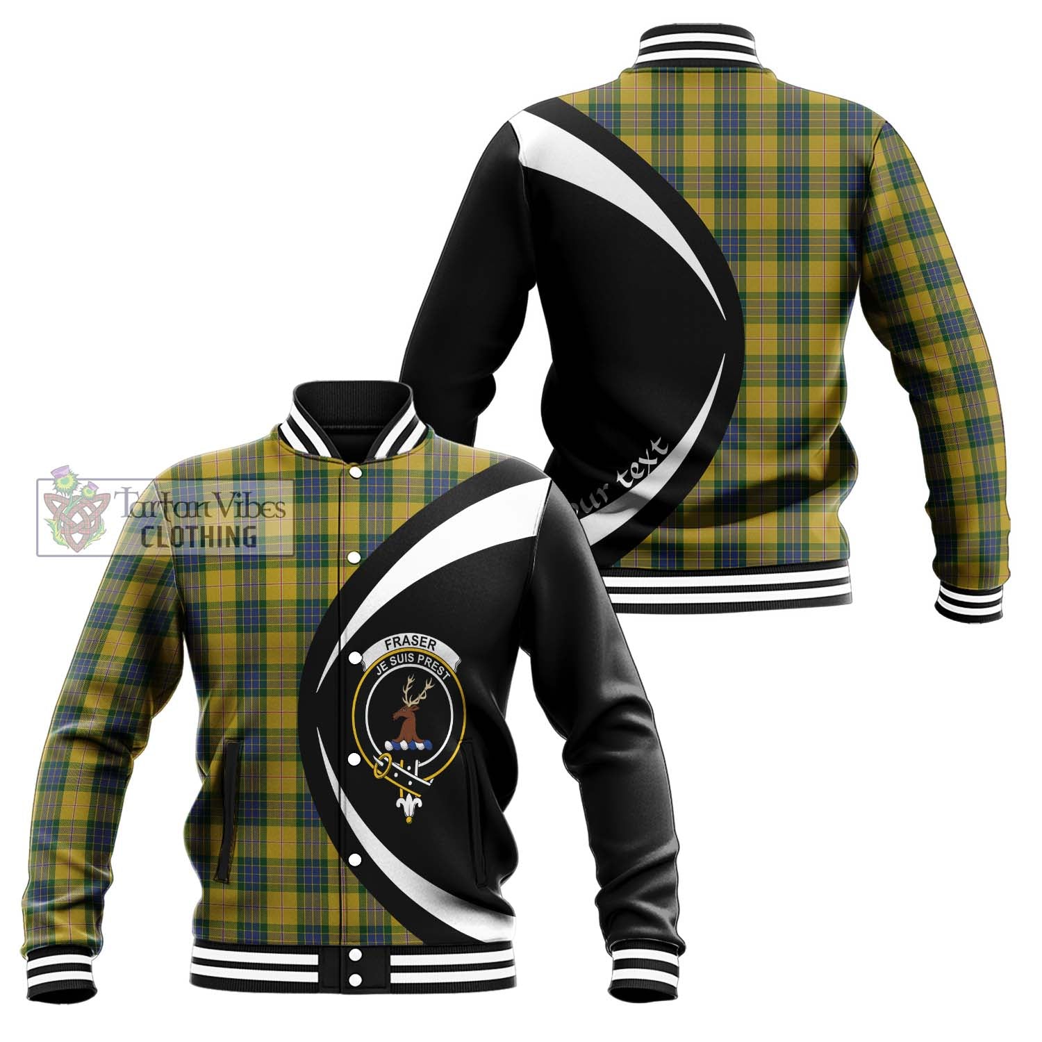 Fraser Yellow Tartan Baseball Jacket with Family Crest Circle Style Unisex - Tartan Vibes Clothing