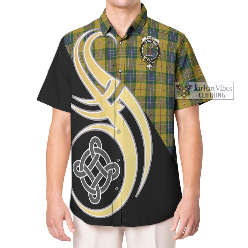 Fraser Yellow Tartan Short Sleeve Button Shirt with Family Crest and Celtic Symbol Style Kid - Tartan Vibes Clothing