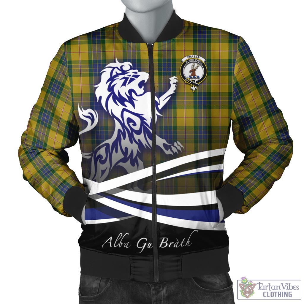 Tartan Vibes Clothing Fraser Yellow Tartan Bomber Jacket with Alba Gu Brath Regal Lion Emblem