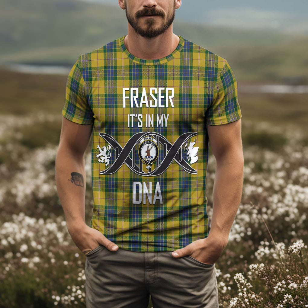 Fraser Yellow Tartan T-Shirt with Family Crest DNA In Me Style Kid's Shirt - Tartan Vibes Clothing