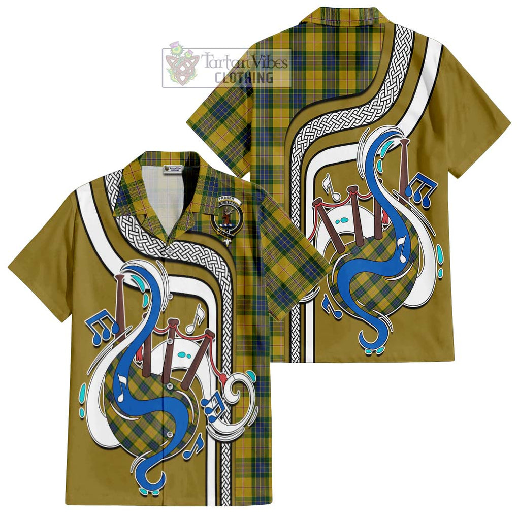 Fraser Yellow Tartan Short Sleeve Button Shirt with Epic Bagpipe Style Kid - Tartanvibesclothing Shop