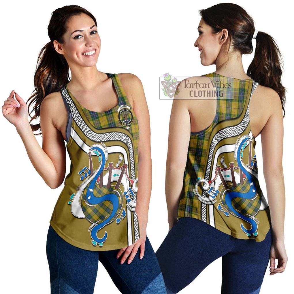 Fraser Yellow Tartan Women's Racerback Tanks with Epic Bagpipe Style 4XL - Tartanvibesclothing Shop