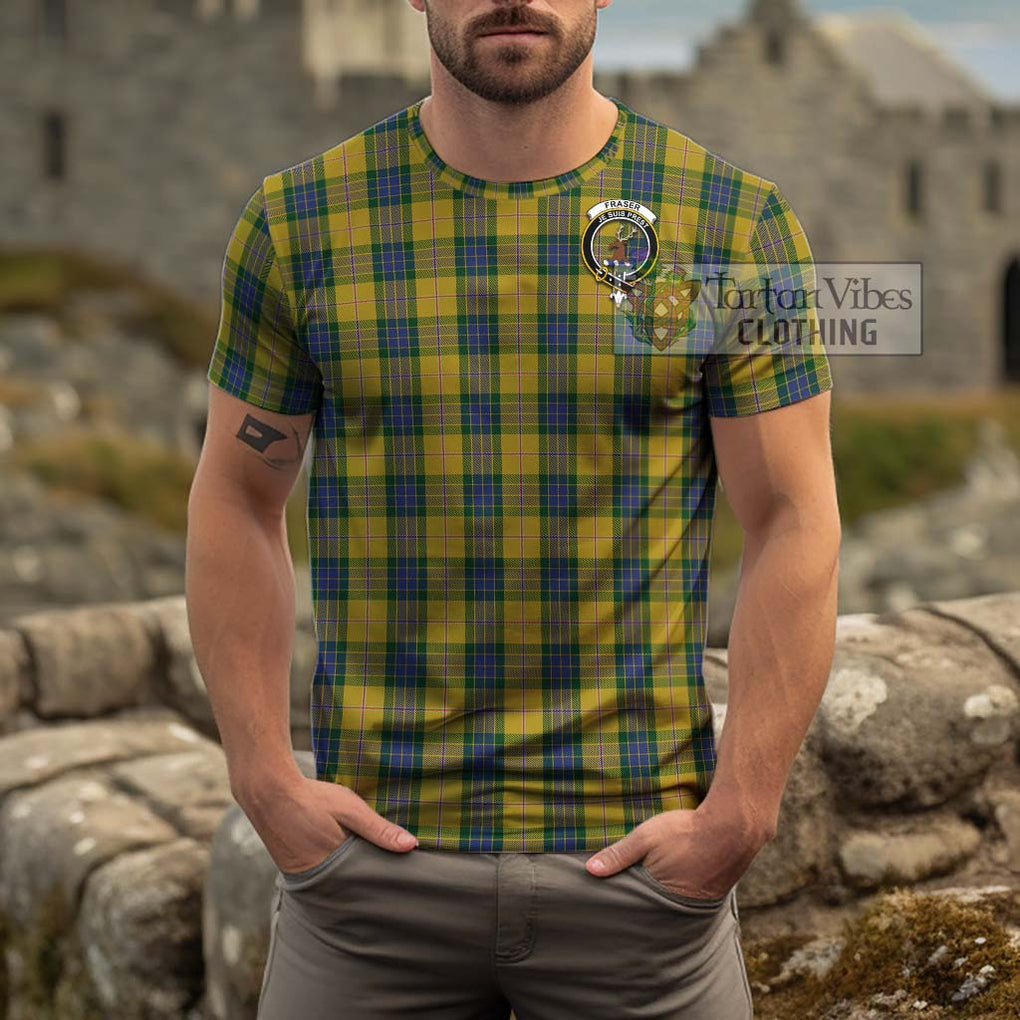 Fraser Yellow Tartan Cotton T-Shirt with Family Crest Men's Shirt - Tartanvibesclothing Shop