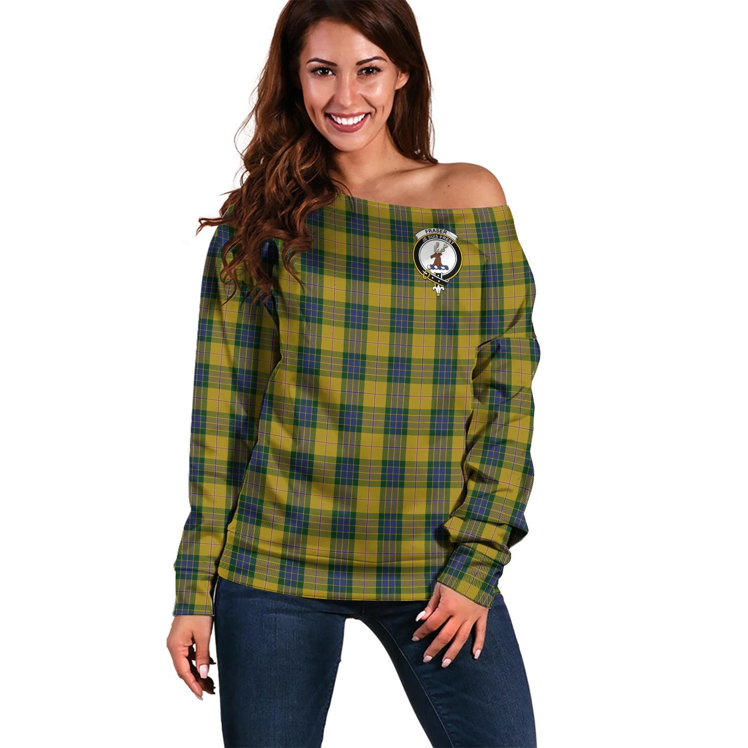 Fraser Yellow Tartan Off Shoulder Women Sweater with Family Crest Women - Tartanvibesclothing