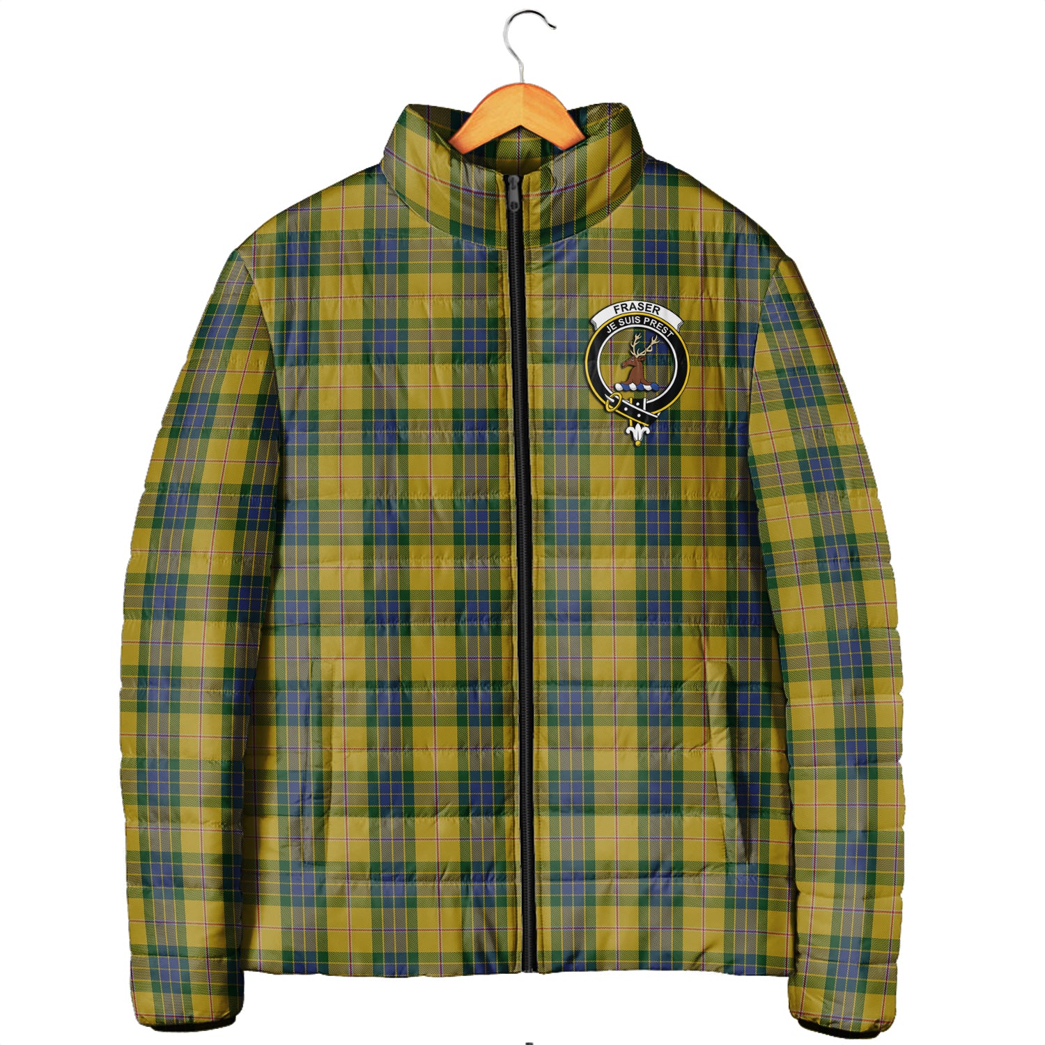 Fraser Yellow Tartan Padded Jacket with Family Crest Men's Padded Jacket - Tartan Vibes Clothing