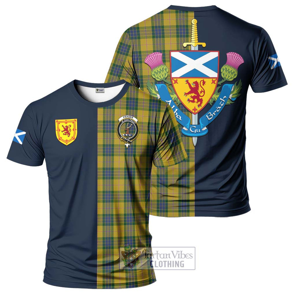 Tartan Vibes Clothing Fraser Yellow Tartan T-Shirt Alba with Scottish Lion Royal Arm Half Style