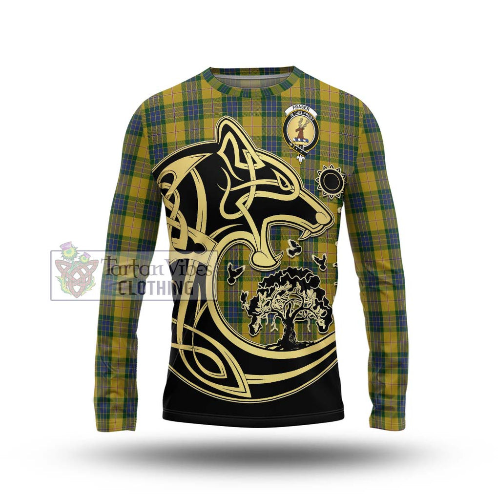 Fraser Yellow Tartan Long Sleeve T-Shirt with Family Crest Celtic Wolf Style Unisex - Tartan Vibes Clothing