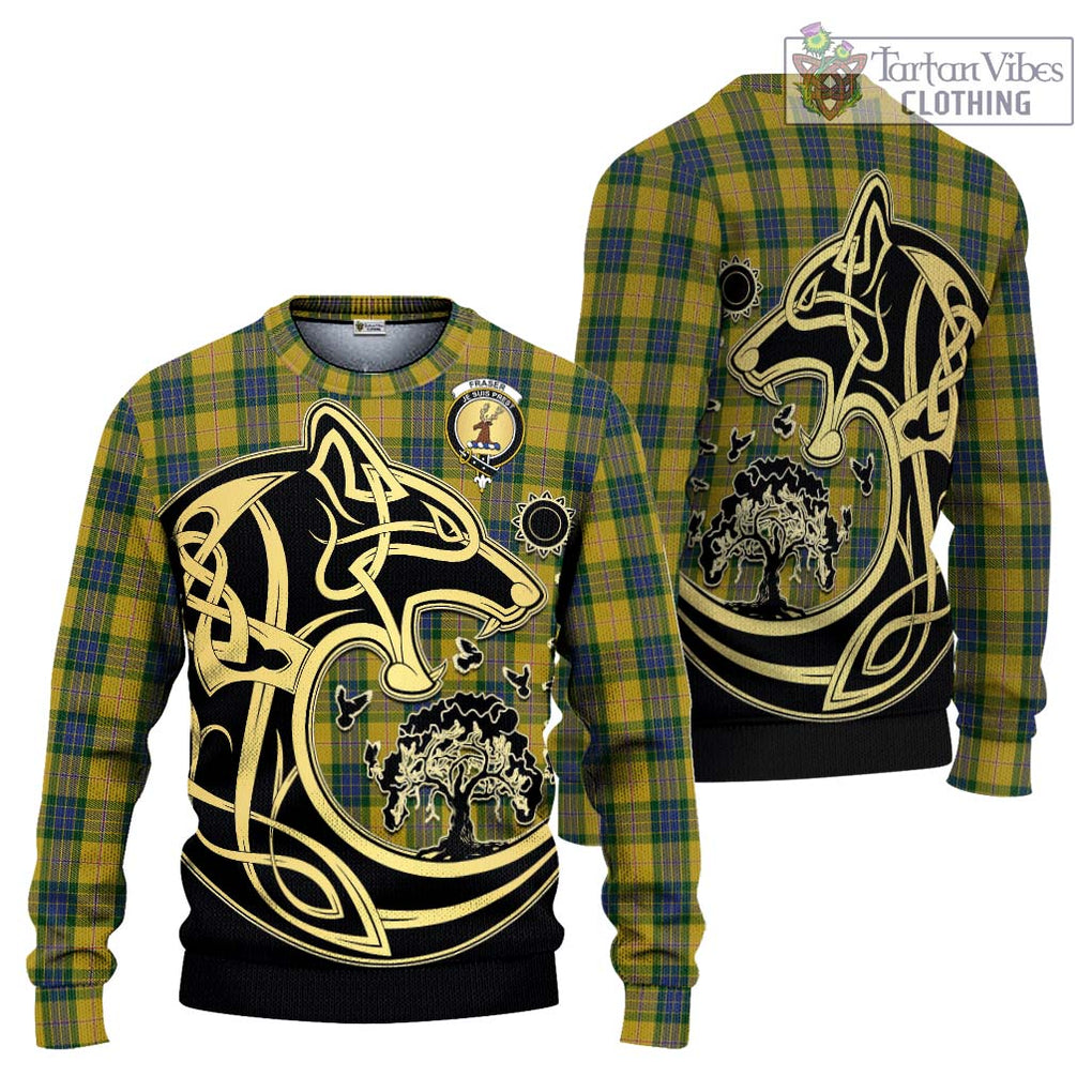 Fraser Yellow Tartan Knitted Sweater with Family Crest Celtic Wolf Style Unisex - Tartan Vibes Clothing