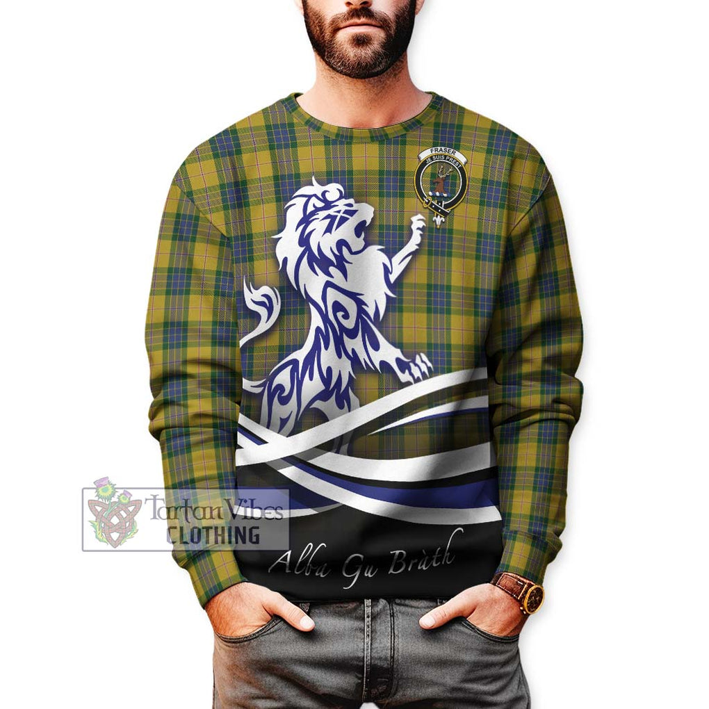 Fraser Yellow Tartan Sweatshirt with Alba Gu Brath Regal Lion Emblem Unisex - Tartanvibesclothing Shop