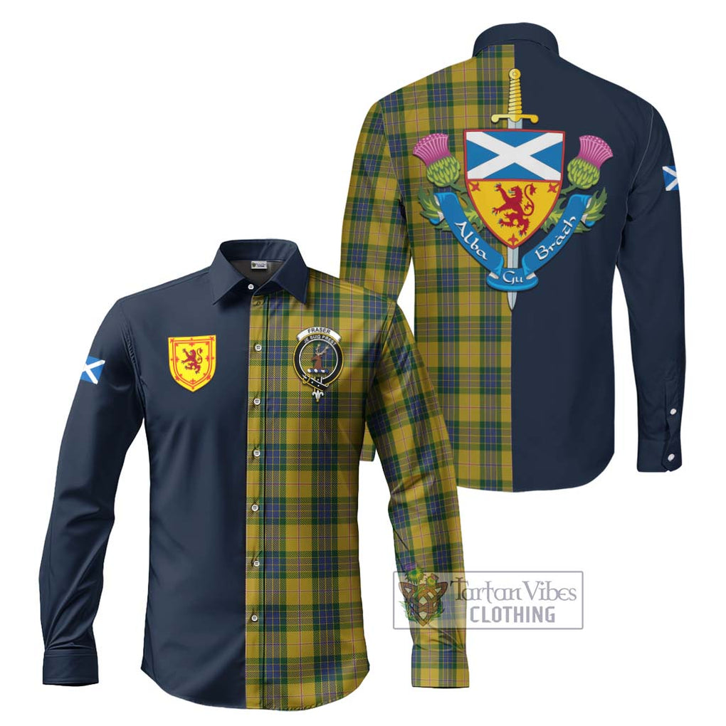 Tartan Vibes Clothing Fraser Yellow Tartan Long Sleeve Button Shirt with Scottish Lion Royal Arm Half Style