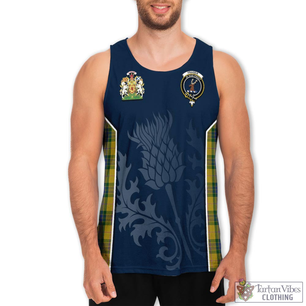 Tartan Vibes Clothing Fraser Yellow Tartan Men's Tanks Top with Family Crest and Scottish Thistle Vibes Sport Style