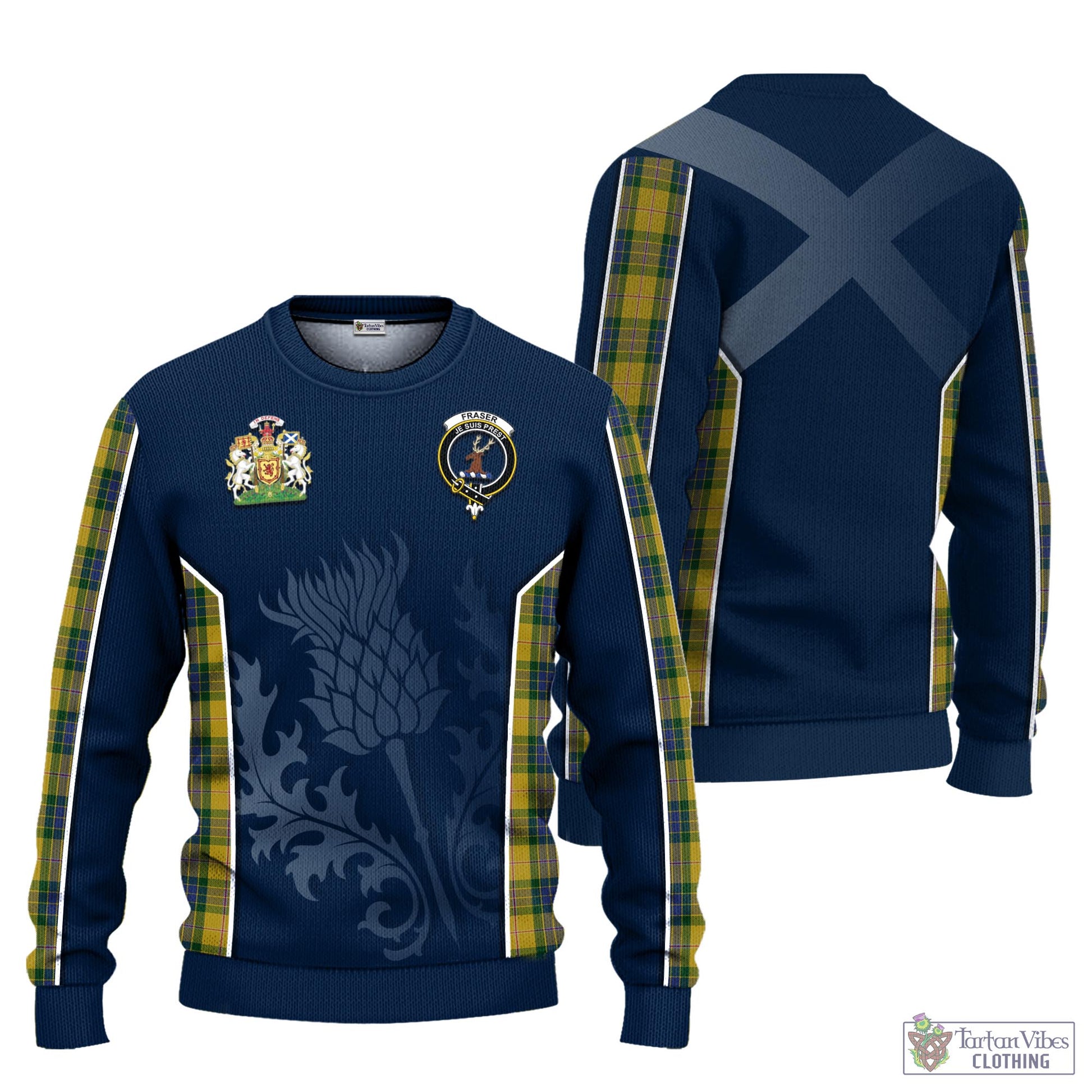 Tartan Vibes Clothing Fraser Yellow Tartan Knitted Sweatshirt with Family Crest and Scottish Thistle Vibes Sport Style