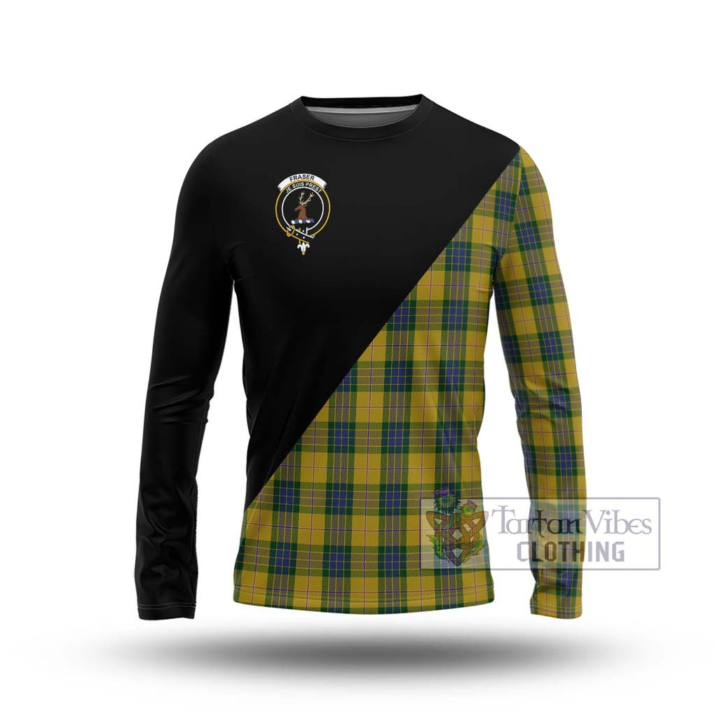 Fraser Yellow Tartan Long Sleeve T-Shirt with Family Crest and Military Logo Style Unisex - Tartanvibesclothing Shop